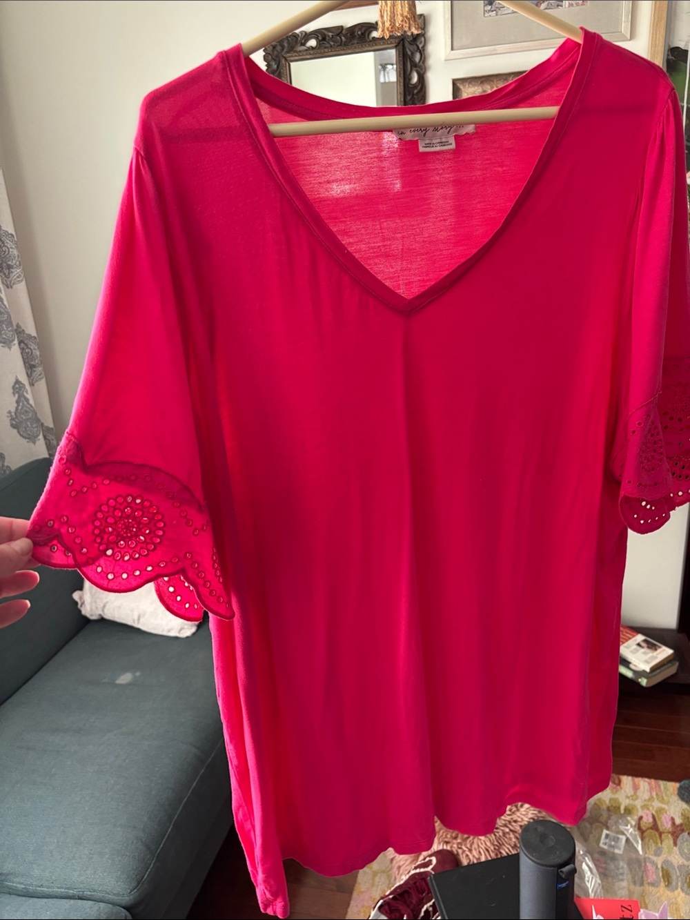 Addition Elle V-Neck Short Sleeve Top in Bright Pink with Eyelet Detail